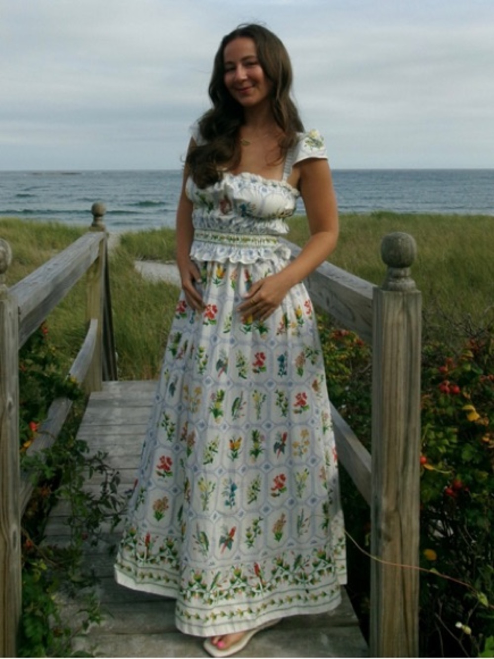 Farm Rio Tropical Porcelain Smocked Parrot Floral Printed Resortwear Maxi Dress